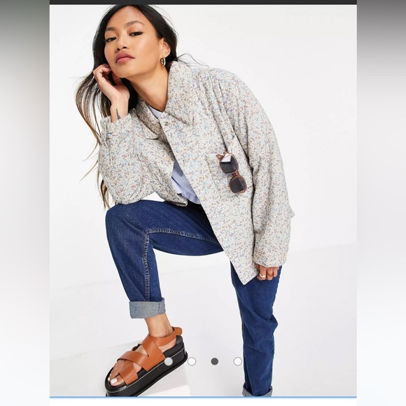 Mango quilted ditsy floral print jacket in light blue NWOT - Picture 6 of 16